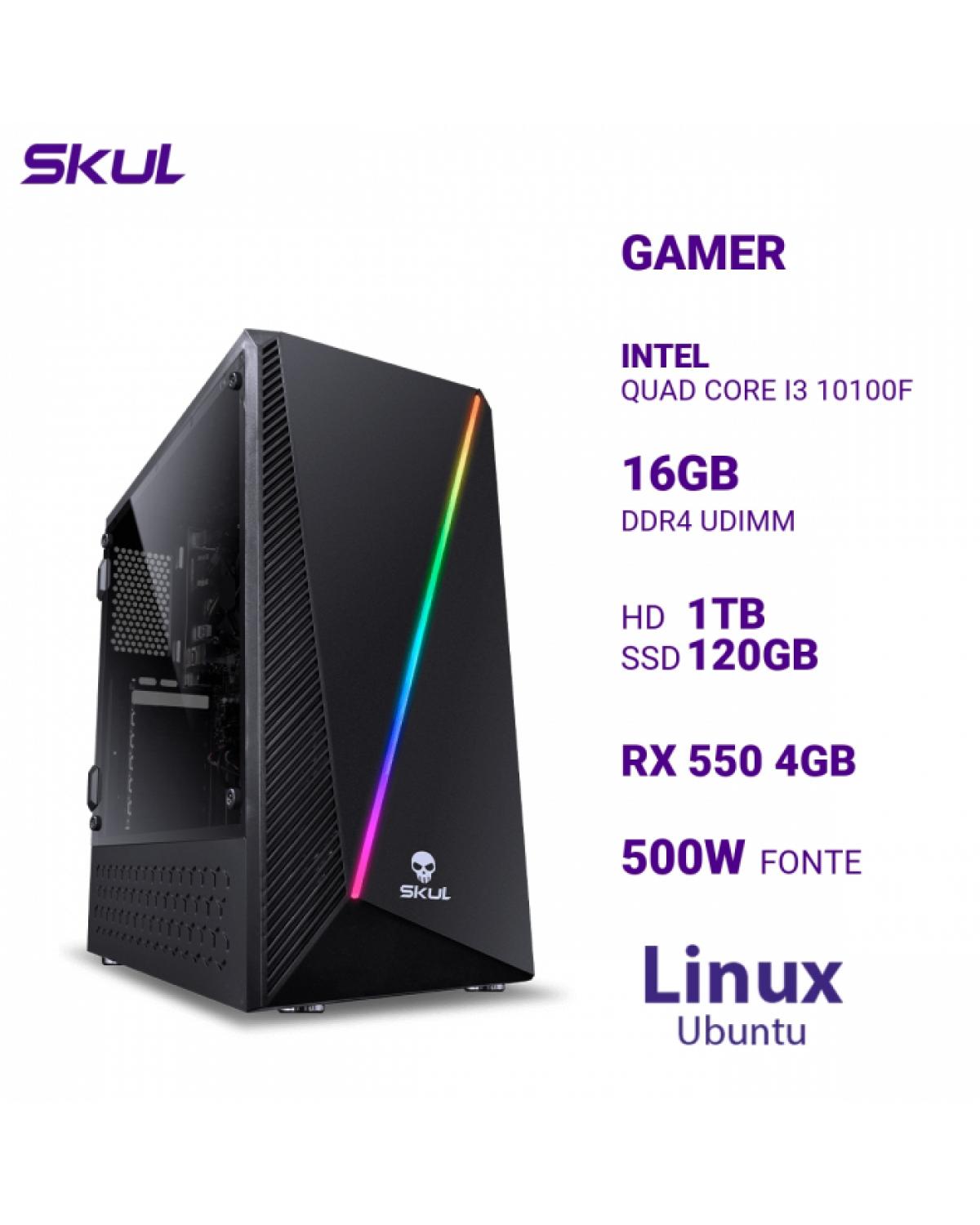 COMPUTADOR GAMER 3000 QUAD CORE I3 10100F MEM 16GB DDR4 HD 1TB SSD 120GB RX 550 4GB FONTE 500W LINUX