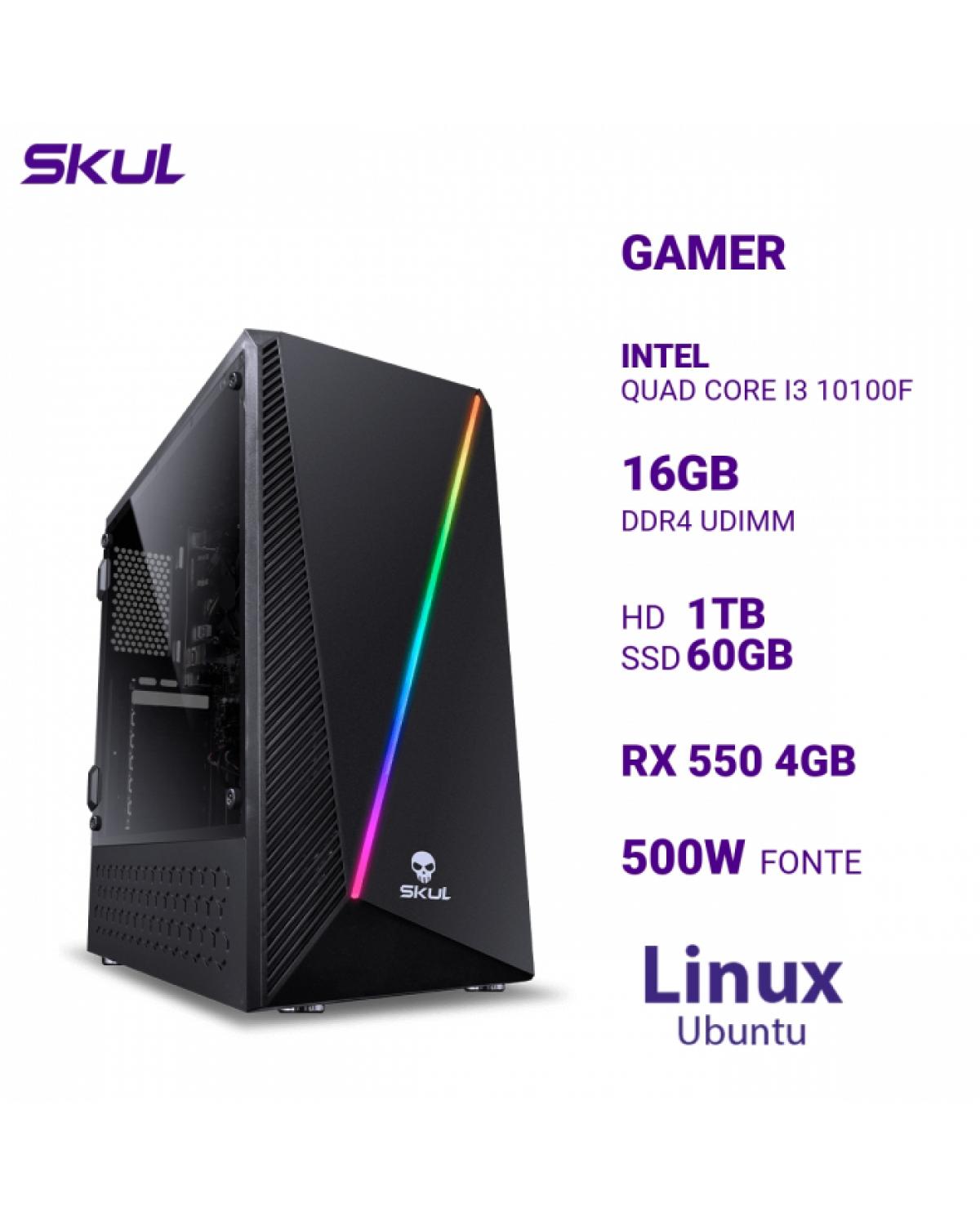 COMPUTADOR GAMER 3000 QUAD CORE I3 10100F MEM 16GB DDR4 HD 1TB SSD 60GB RX 550 4GB FONTE 500W LINUX