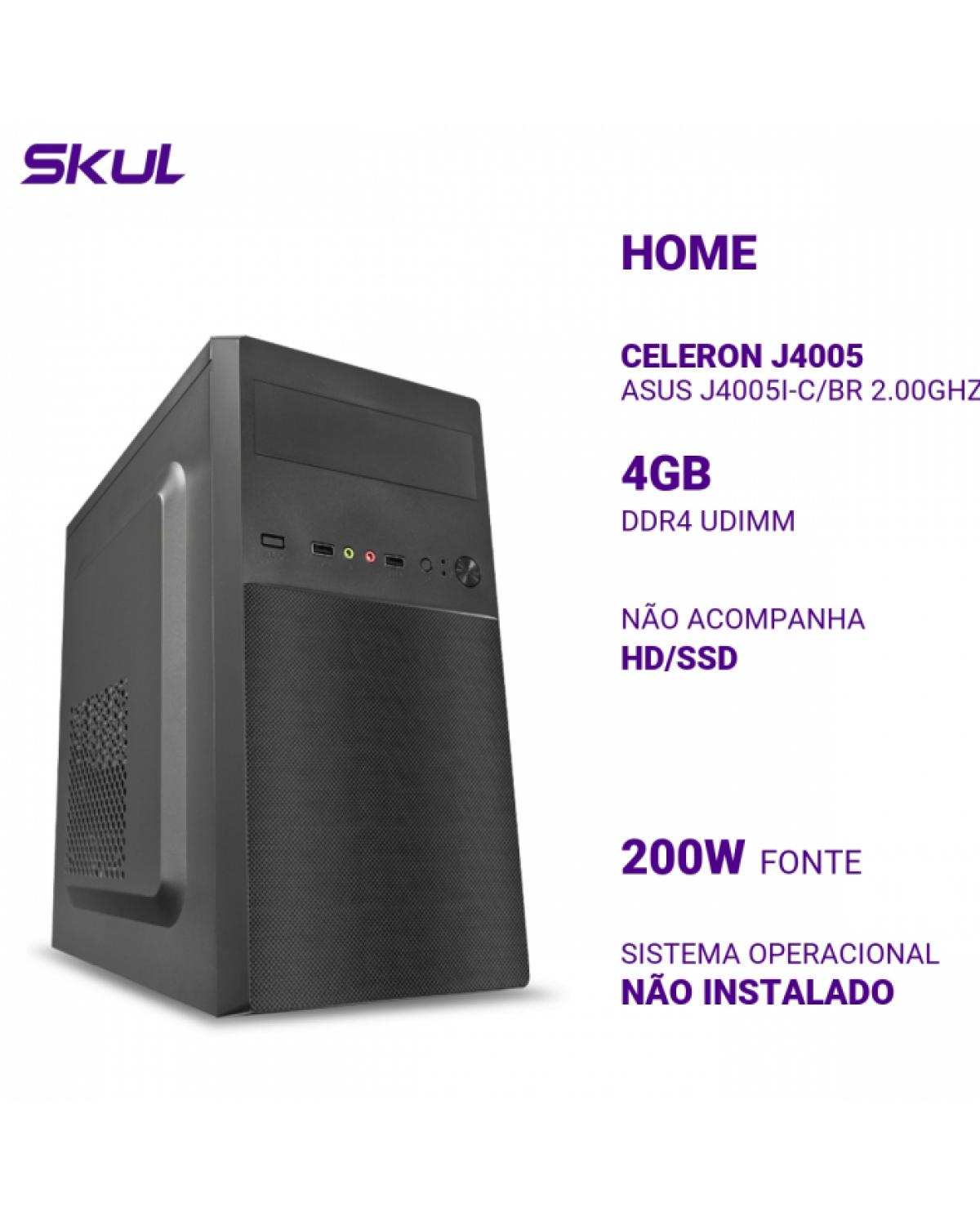 COMPUTADOR HOME H100 CELERON J4005 ASUS J4005I-C/BR 2.00GHZ MEM 4GB DDR4 SEM HD/SSD FONTE 200W