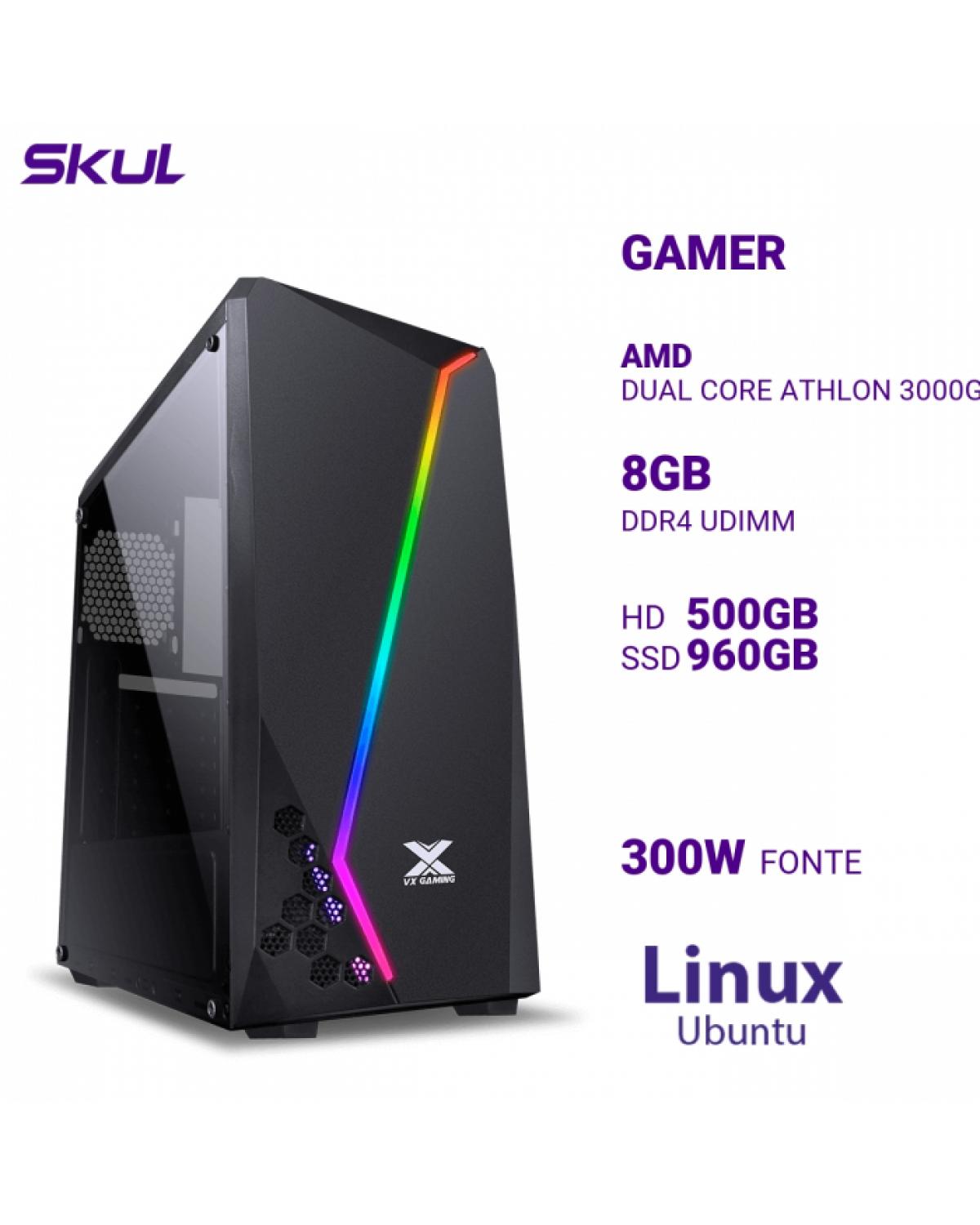 COMPUTADOR GAMER 1000 DUAL CORE ATHLON 3000G 3.50GHZ MEM 8GB DDR4 HD 500GB SSD 960GB FONTE 300W LINUX