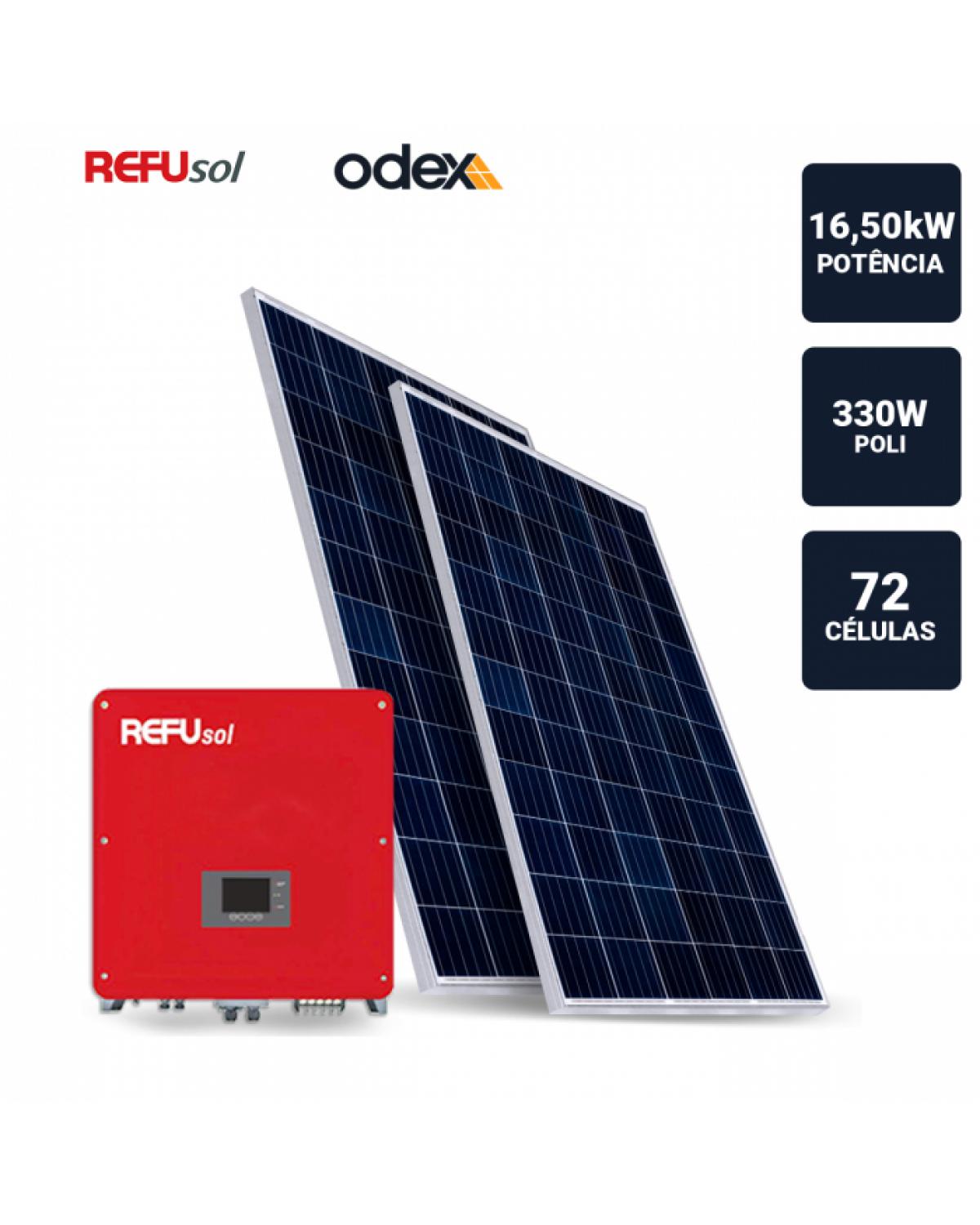 GERADOR SOLAR 16,5KWP INVERSOR REFUSOL 25KWP 50 PAINEIS 330W ODEX SEM ESTRUTURA