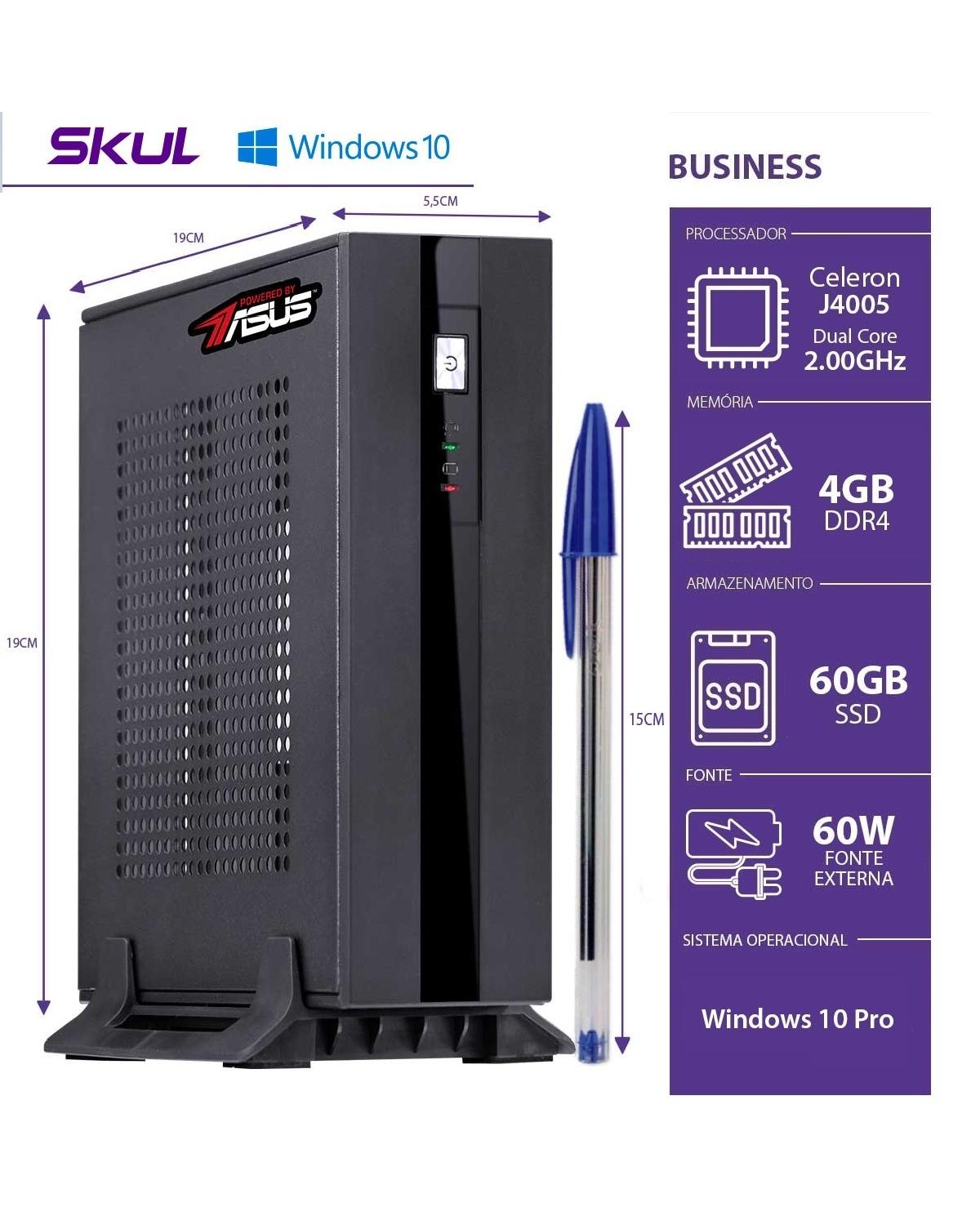 MINI COMPUTADOR BUSINESS B100 POWERED BY ASUS - CELERON DUAL CORE J4005 4GB DDR4 SSD 60GB 1XSERIAL FONTE 60W WIN 10 PRO