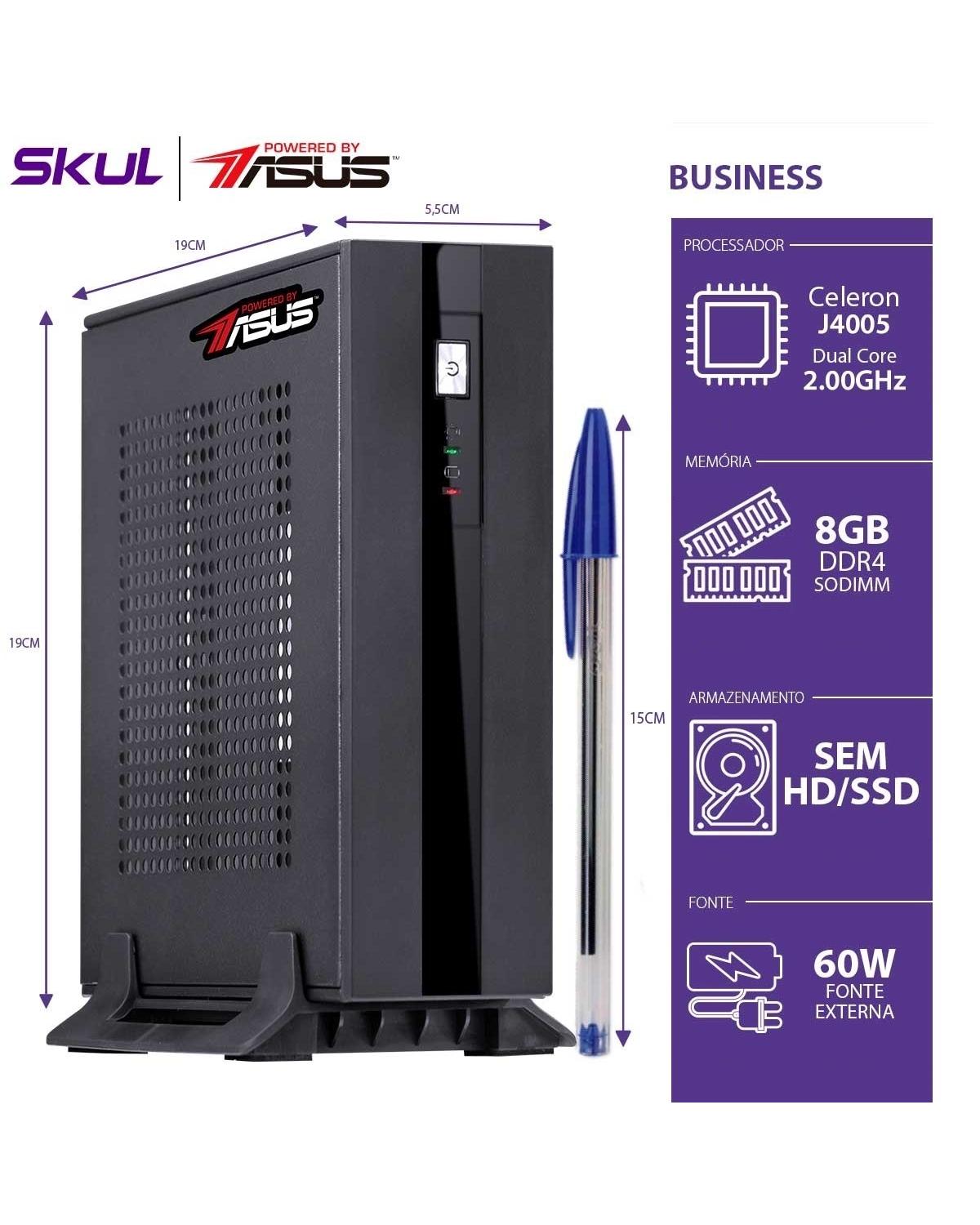 MINI COMPUTADOR BUSINESS B100 POWERED BY ASUS - CELERON DUAL CORE J4005 2.00GHZ 8GB DDR4 SEM HD/SSD 1X SERIAL FONTE 60W