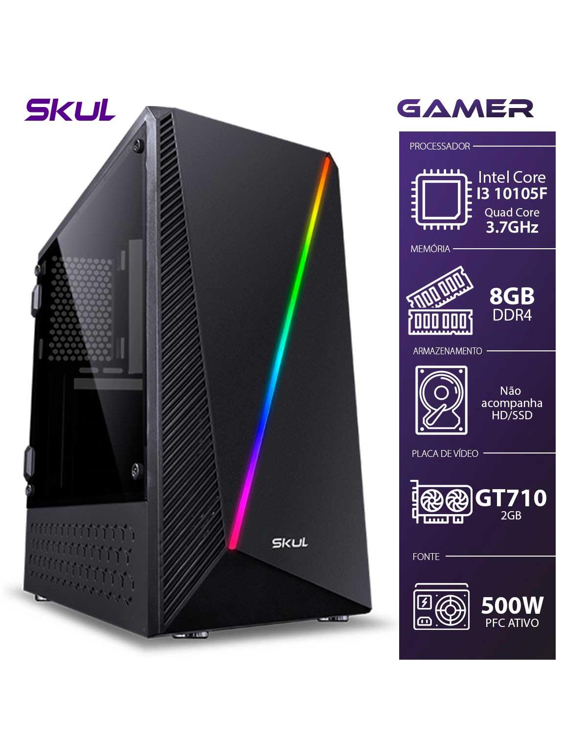 COMPUTADOR GAMER 3000 - I3 10105F 3.7GHZ 10ª GER. MEM. 8GB DDR4 SEM HD/SSD GT710 2GB FONTE 500W  - PFC ATIVO