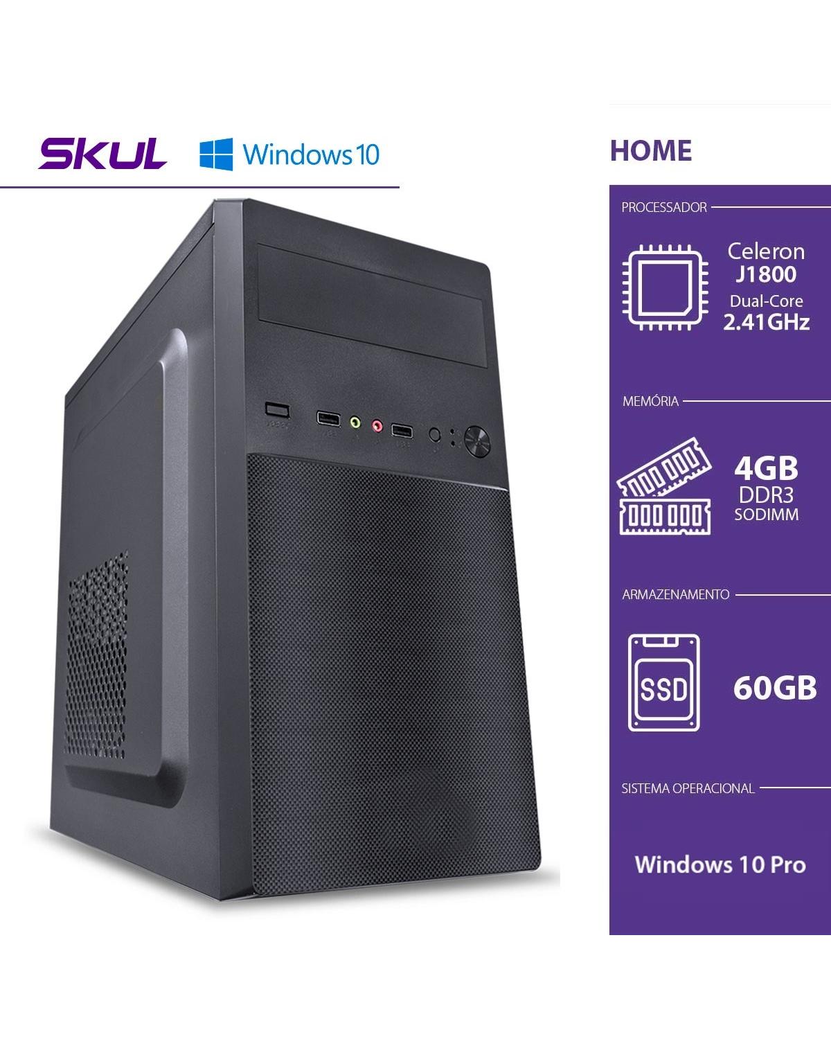 COMPUTADOR HOME H100 - CELERON DUAL CORE J1800 2.41GHZ 4GB DDR3 SODIMM SSD 60GB HDMI/VGA FONTE 200W WINDOWS 10 PRO