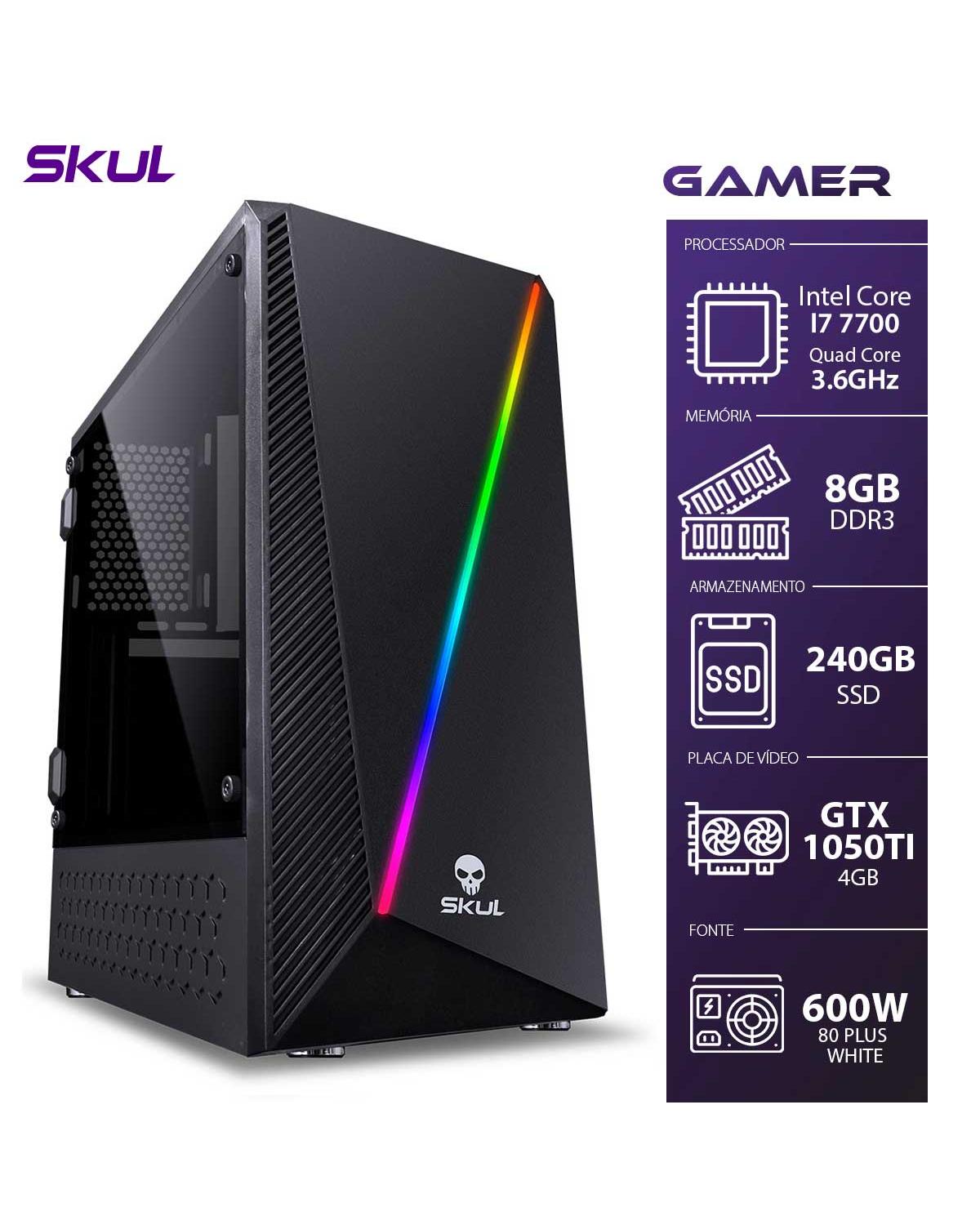 COMPUTADOR GAMER 7000 - I7 7700 3.6GHZ 7ª GER. MEM. 8GB DDR3 SSD 240GB GTX 1050TI 4GB FONTE 600W 80 PLUS WHITE