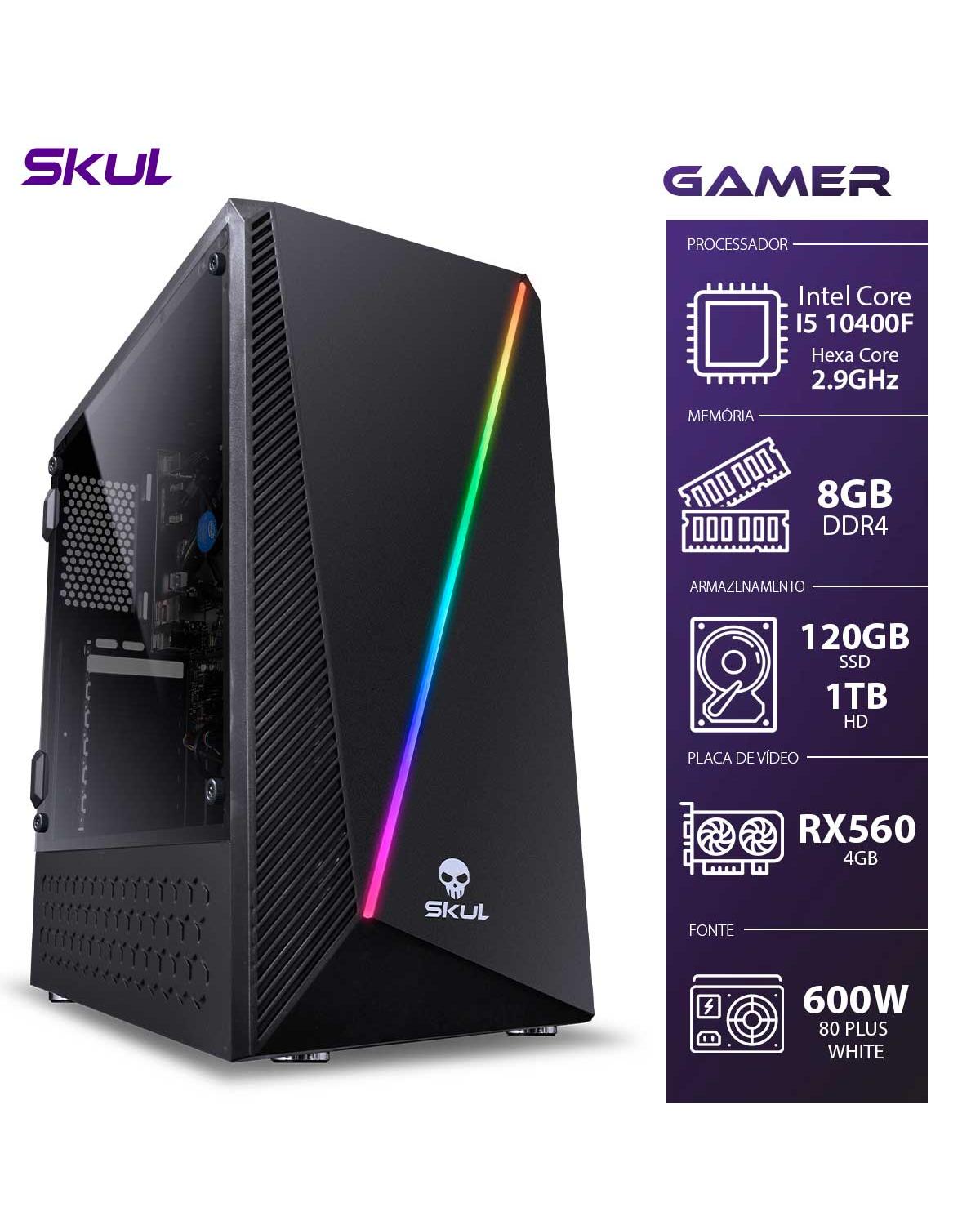 COMPUTADOR GAMER 5000 - I5 10400F 2.9GHZ 10ª GER. MEM. 8GB DDR4 SSD 120GB HD 1TB RX560 4GB FONTE 600W 80 PLUS WHITE