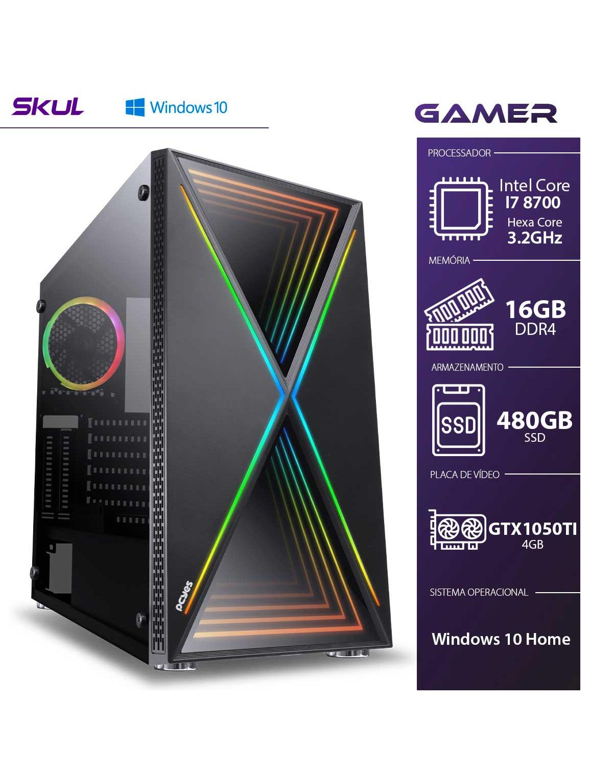 COMPUTADOR GAMER 7000 - I7 8700 3.2 GHZ MEM. 16GB DDR4 SSD 480GB GTX1050TI 4GB WINDOWS 10 HOME FONTE 550W 80 PLUS BRONZE