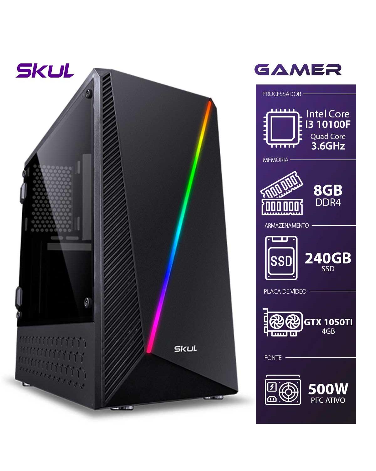 COMPUTADOR GAMER 3000 - I3 10100F 3.6GHZ 10ª GER. MEM. 8GB DDR4 SSD 240GB GTX 1050TI 4GB FONTE 500W PFC ATIVO