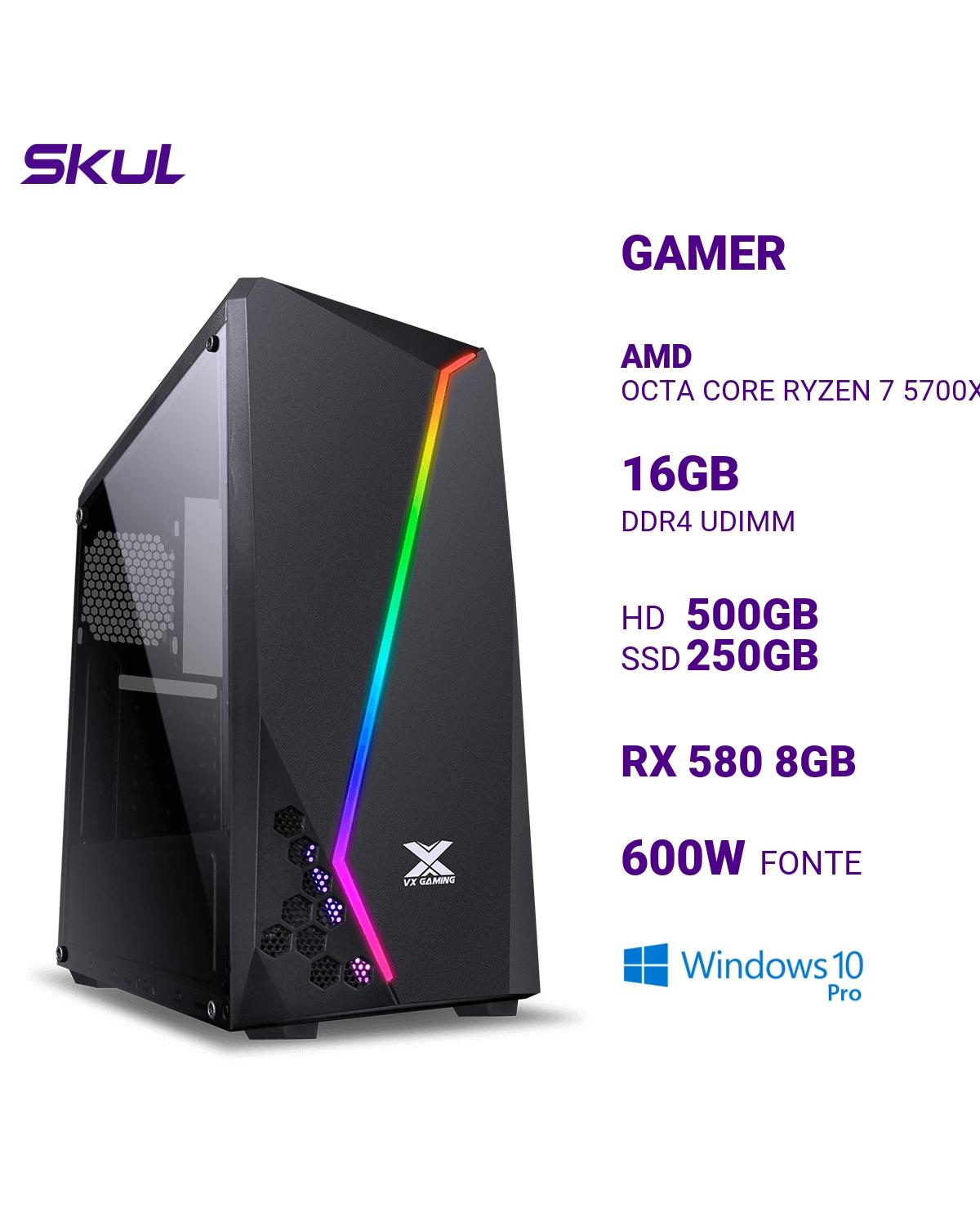 COMPUTADOR GAMER 7000 OCTA CORE RYZEN 7 5700X 3.40GHZ MEM 16GB DDR4 HD 500GB SSD 250GB NVME RX 580 8GB FONTE 600W WINDOW