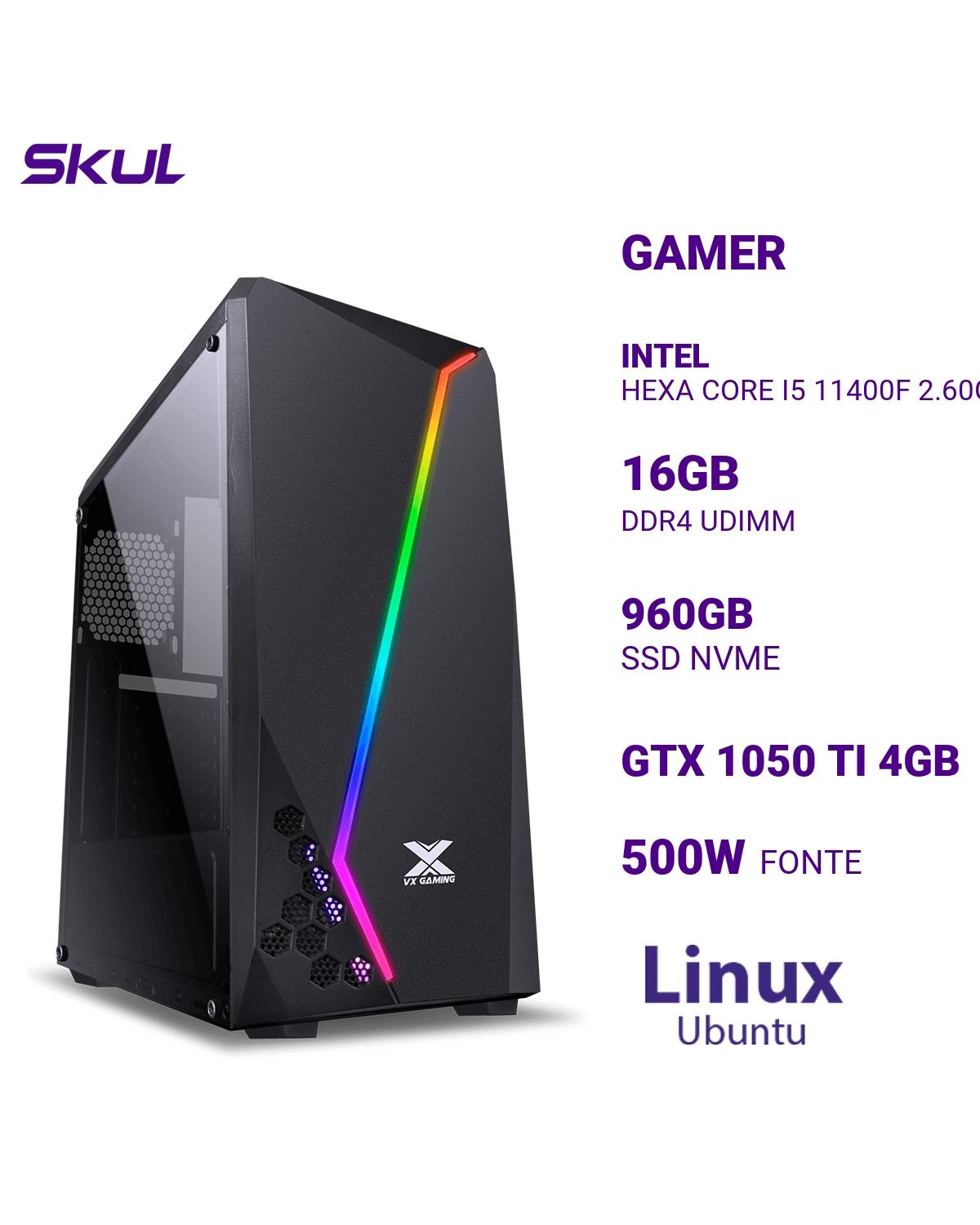 COMPUTADOR GAMER 5000 HEXA CORE I5 11400F 2.60GHZ MEM 16GB DDR4 SSD 960GB NVME GTX1050 TI 4GB FONTE 500W PFC ATIVO LINUX