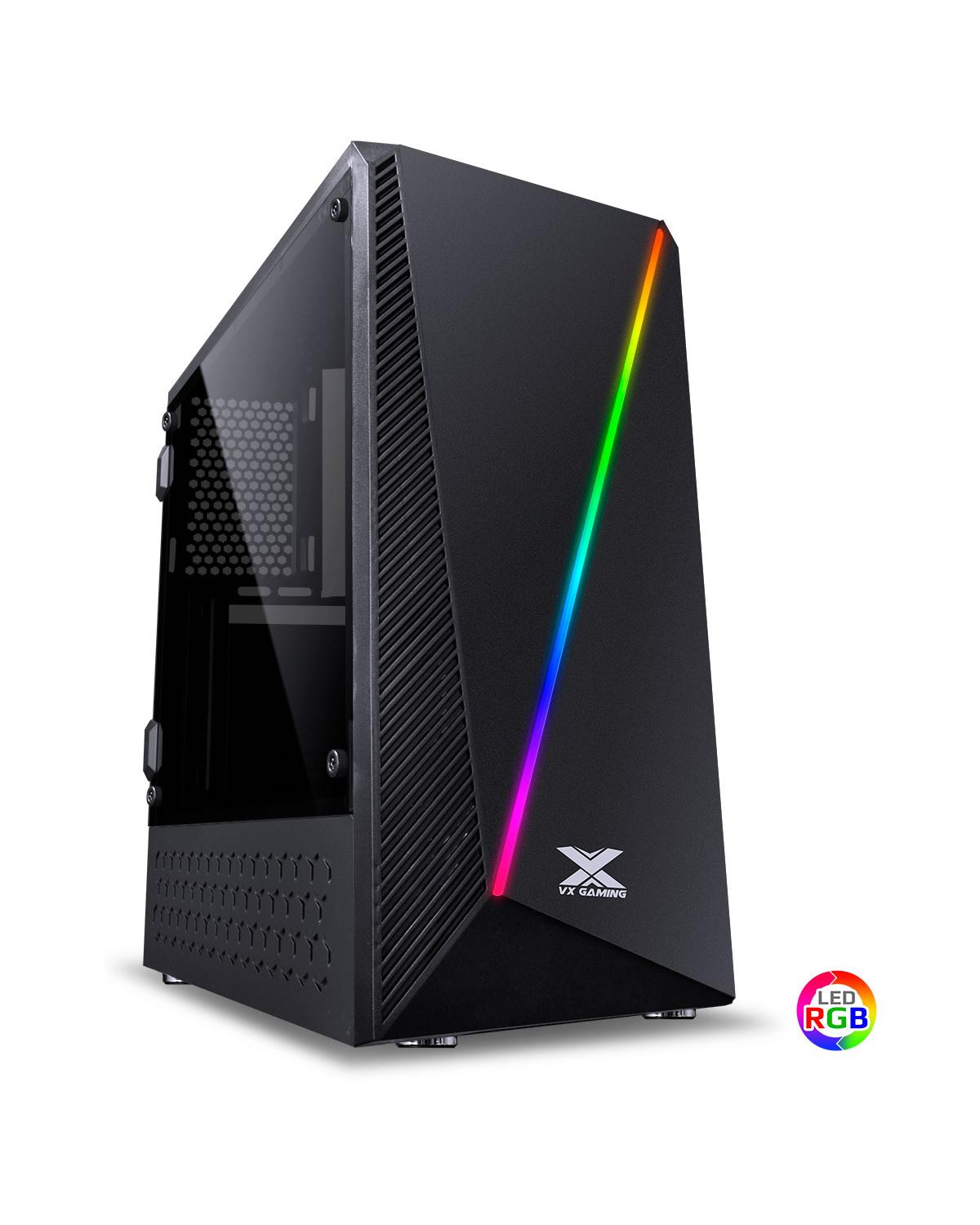 GABINETE GAMER VX GAMING PYXIS COM JANELA ACRÍLICA COM DOBRADIÇA PRETO FRONTAL COM FITA LED RGB