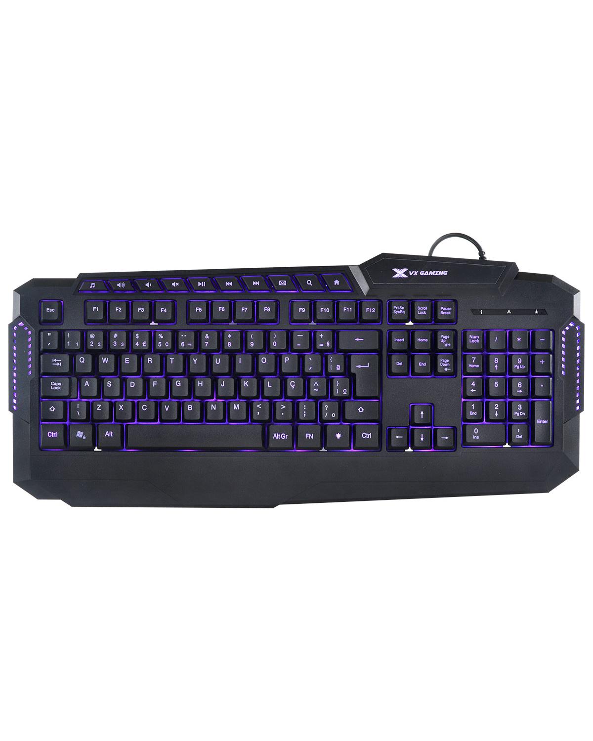 TECLADO USB GAMER VX GAMING HERCULES COM MULTIMIDIA LED 3 CORES CABO USB 1.8 METROS ABNT2 PRETO - GT200