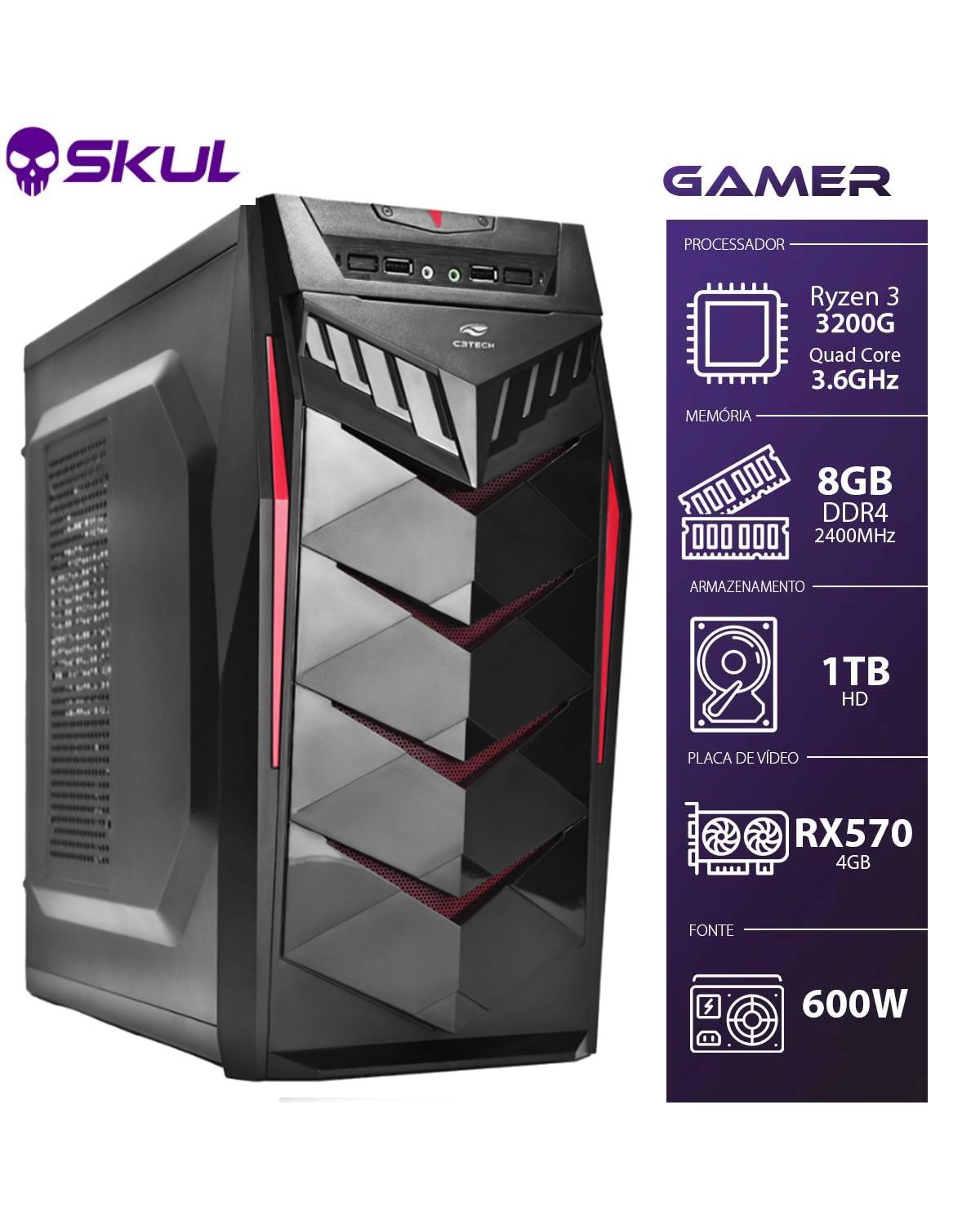 COMPUTADOR GAMER 3000 - RYZEN 3 3200G 3.6GHZ MEM. 8GB DDR4 HD 1TB RX 570 4GB FONTE 600W