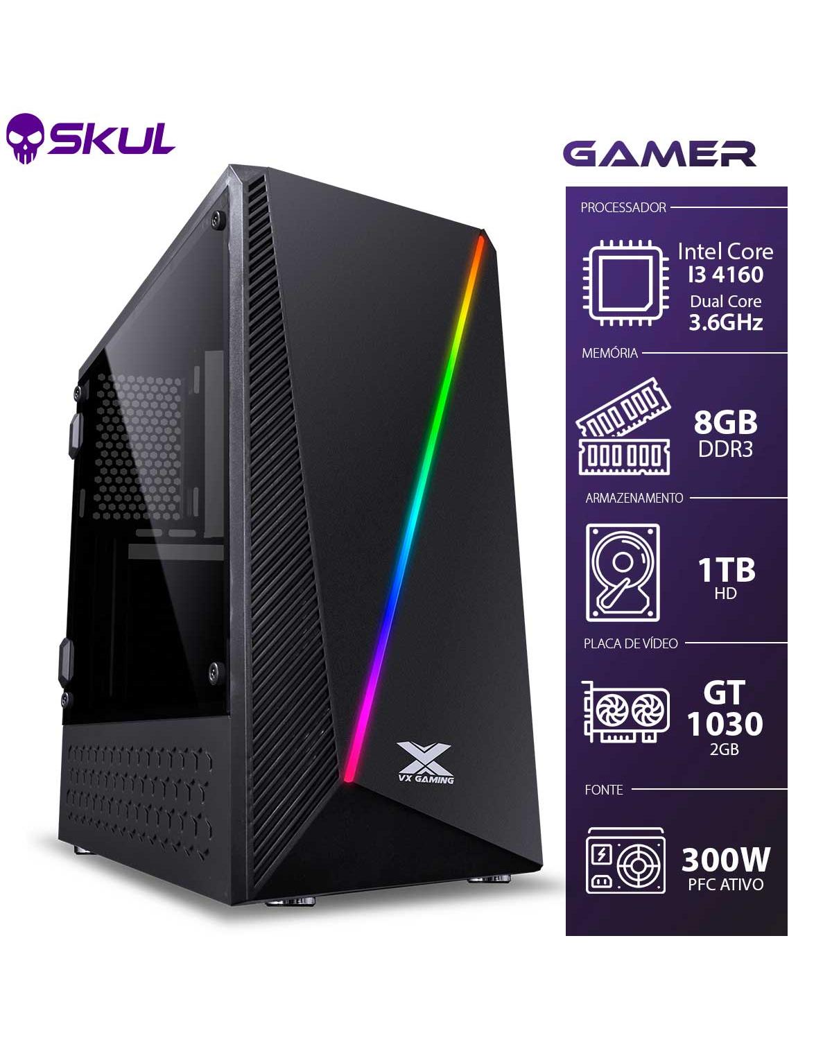 COMPUTADOR GAMER 3000 - I3-4160 3.6GHZ 4ª GER. MEM. 8GB DDR3 HD 1TB GT 1030 2GB FONTE 300W PFC ATIVO