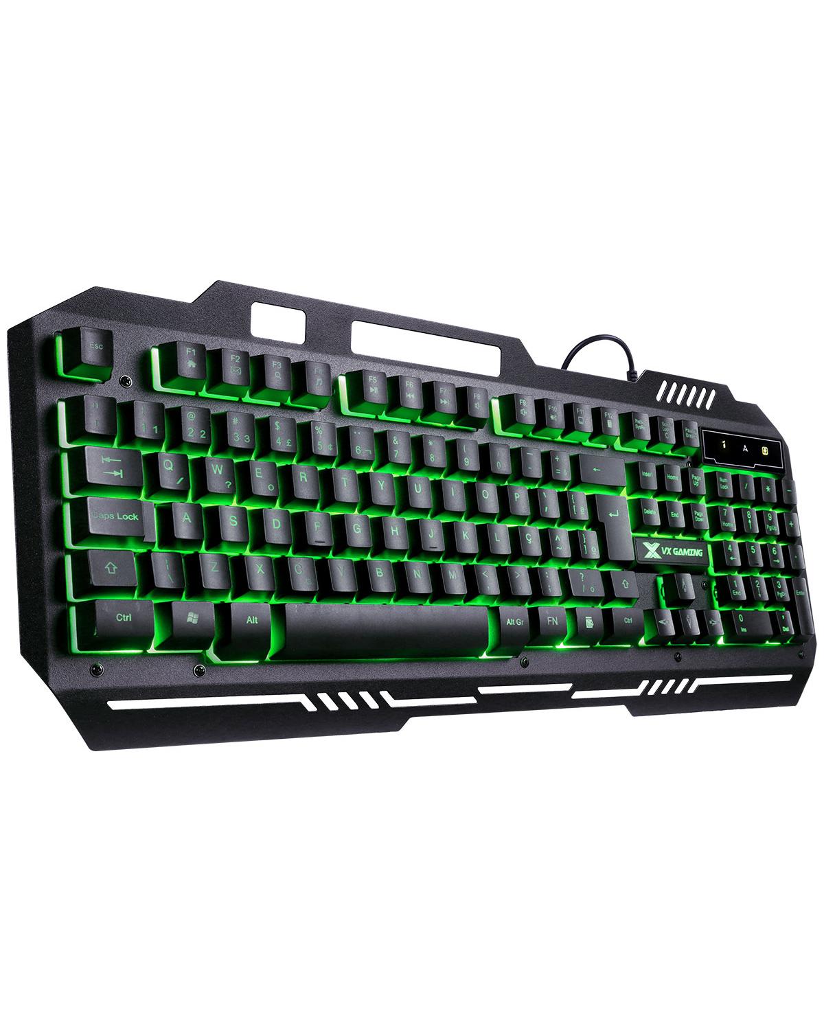 TECLADO GAMER VX GAMING SHIELD ABNT2 MULTIMIDIA LED VERDE 1.8 METROS USB TOPO EM METAL SENSACAO MECANICA - GT604