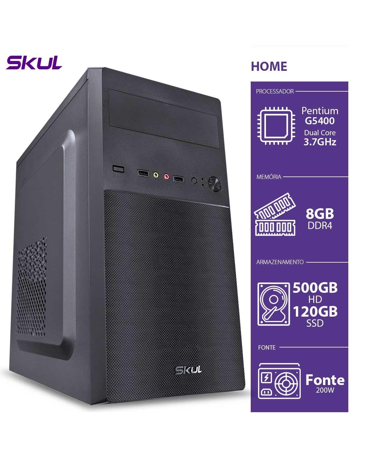 COMPUTADOR HOME H200 - PENTIUM DUAL CORE G5400 3.7GHZ MEM 8GB DDR4 SSD 120GB HD 500GB HDMI/VGA FONTE 250W