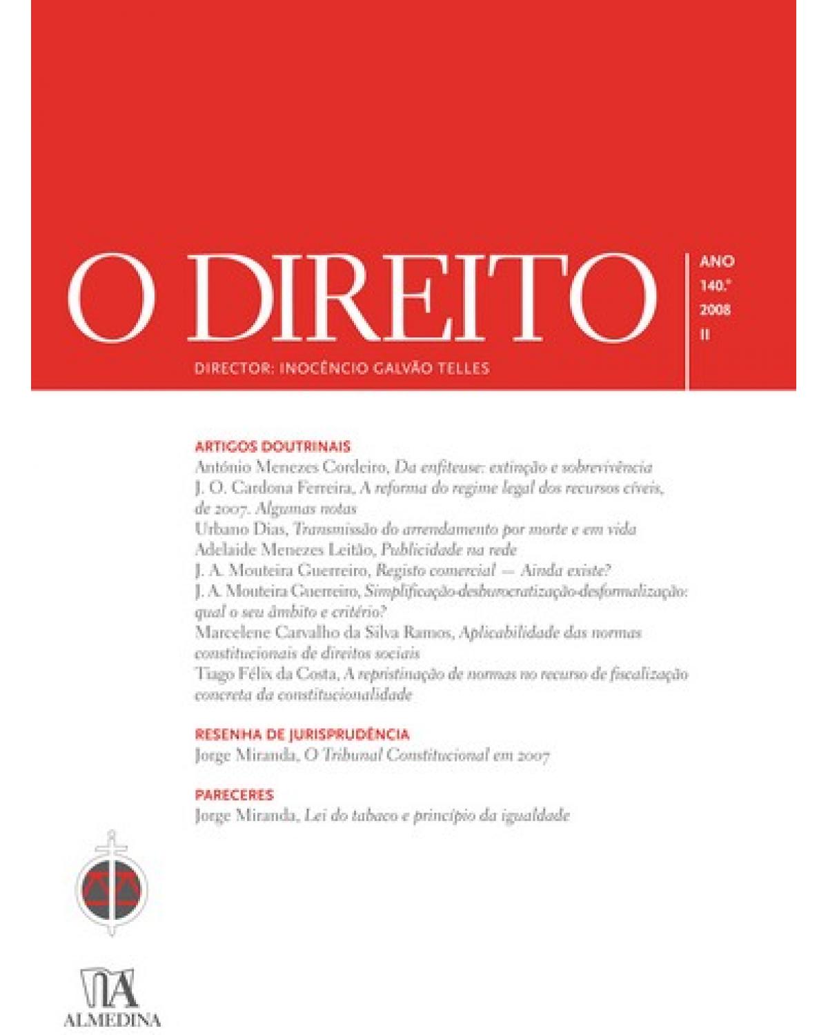 O direito - Volume 2: ano 140º, 2008 - 1ª Edição | 2008